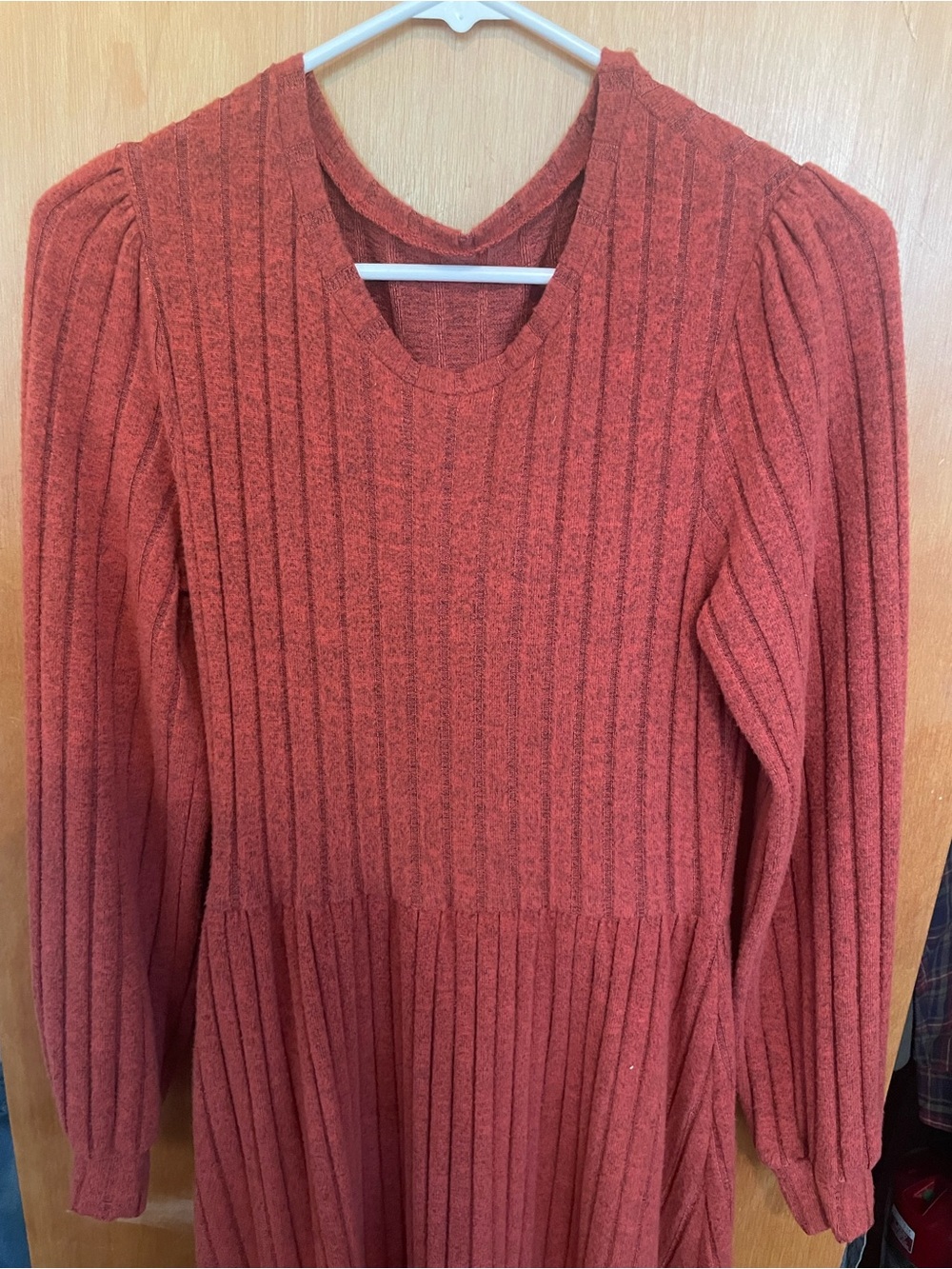 SHEIN Rust Ribbed Puff-Shoulder Long Sleeve Midi Dress